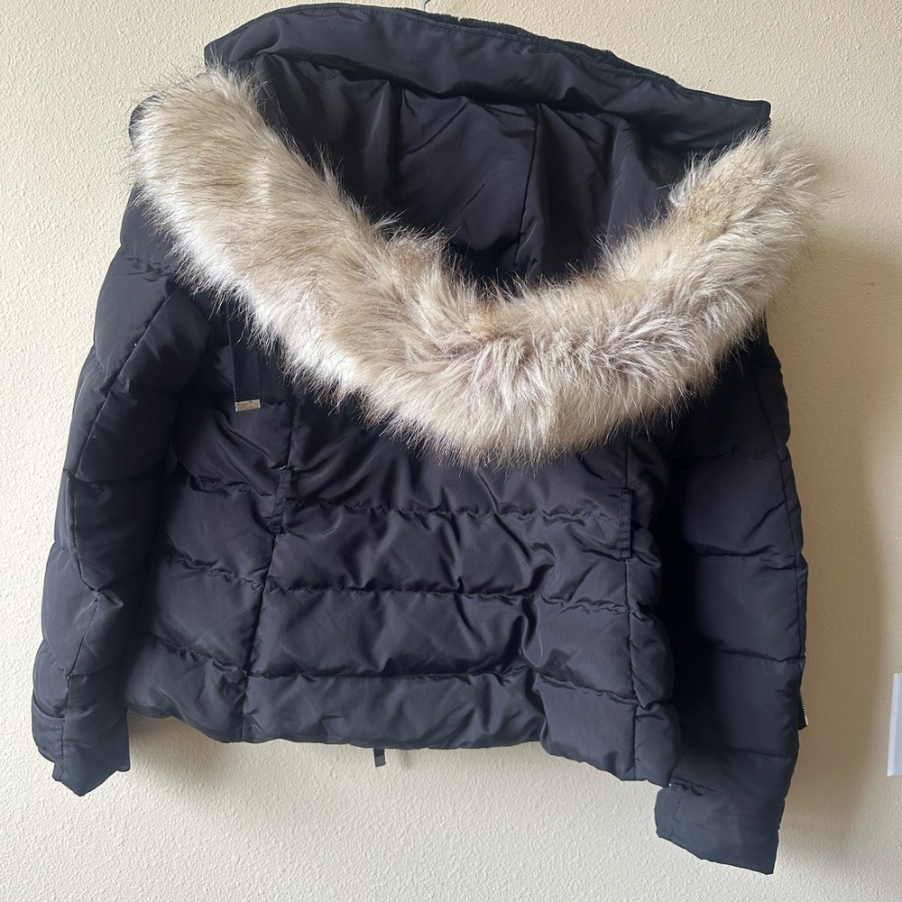 Zara Black Puffer Jacket with Faux Fur Hood